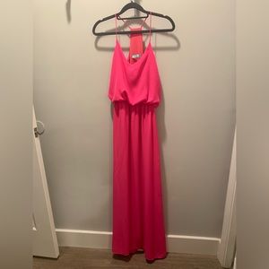 Pink formal maxi dress with cinch waist
